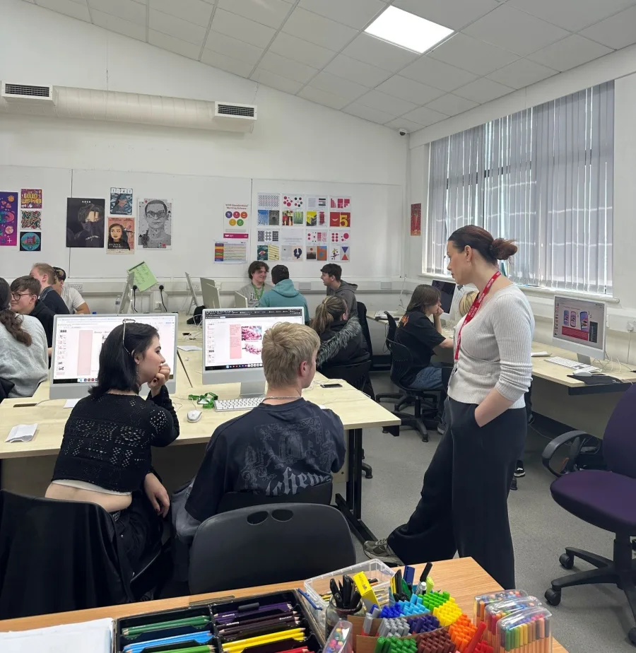 Georgie Moore speaking to graphic design students